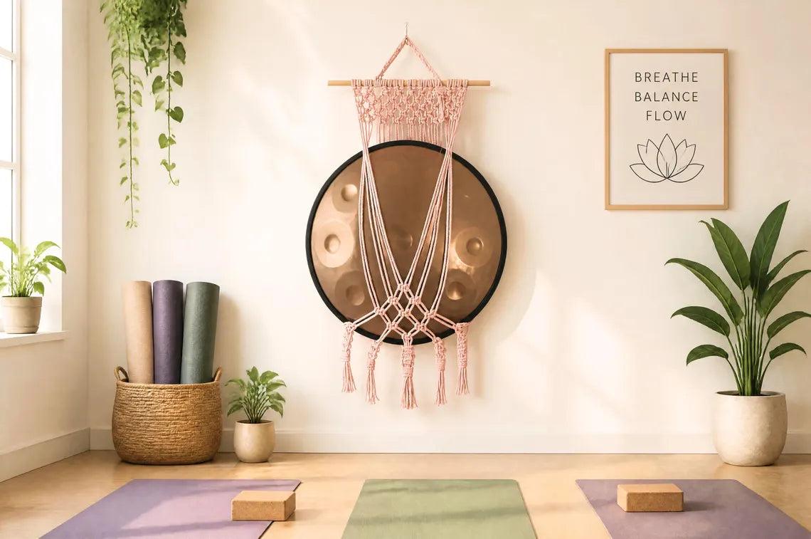 Ballet pink macrame wall hanger holding a tongue drum on a wall beside a framed print