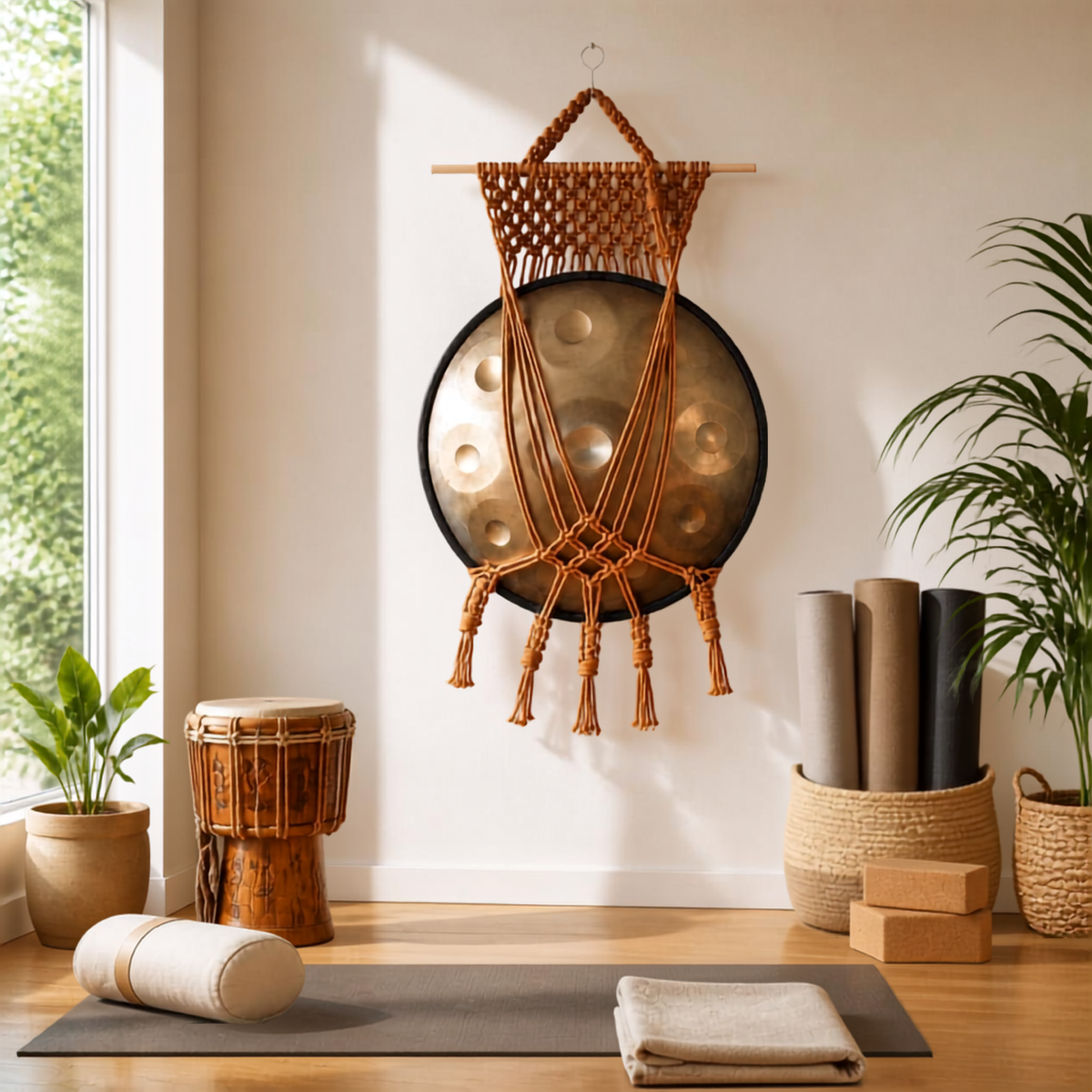 Copper macrame handpan hanger with extra netting on a pine dowel