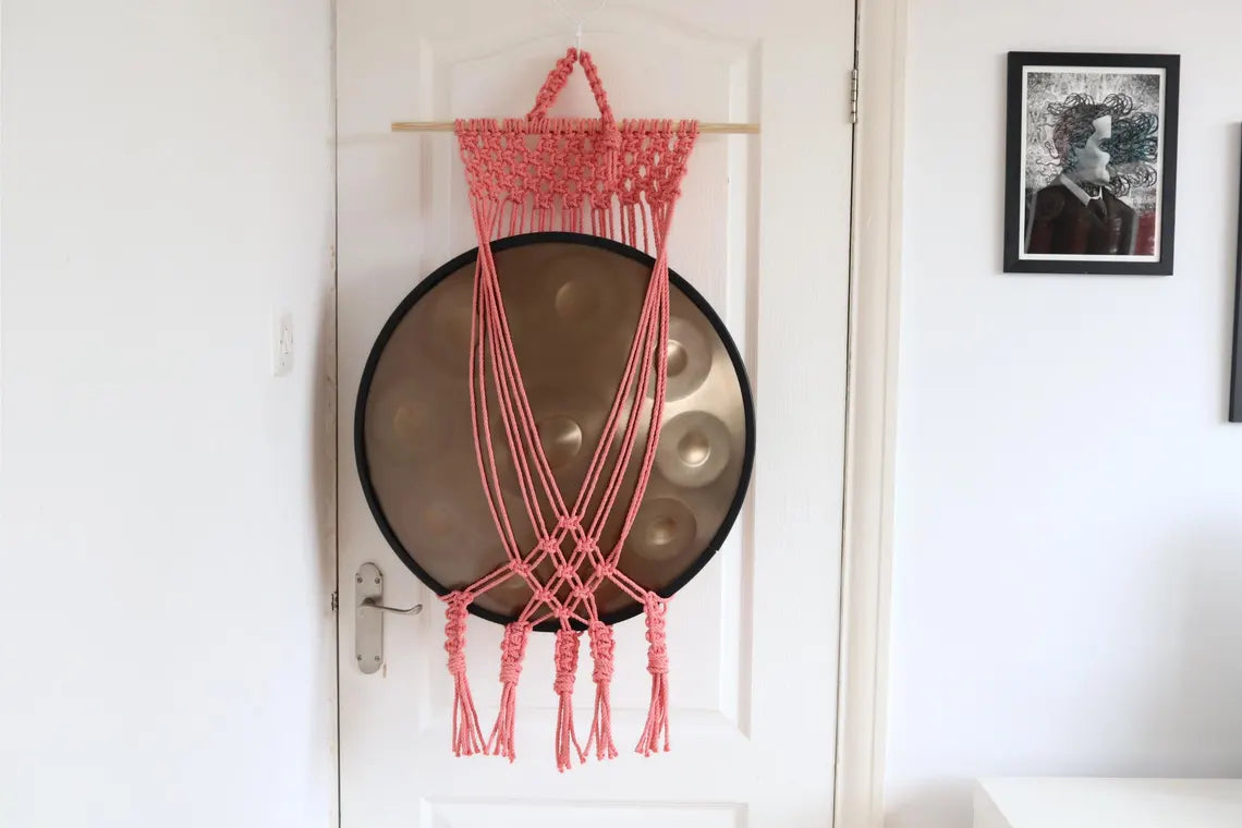 Flamingo pink macrame handpan hanger with extra netting