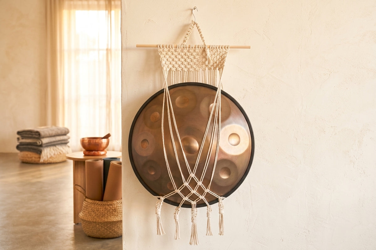 Off-white macrame handpan hanger holding a bronze handpan on a pine dowel