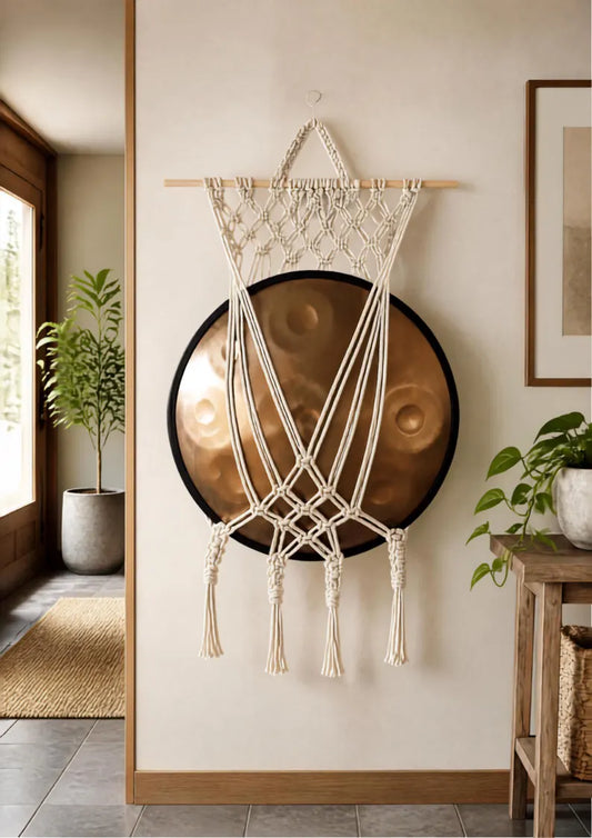 Off-white macrame handpan wall mount with a netted design