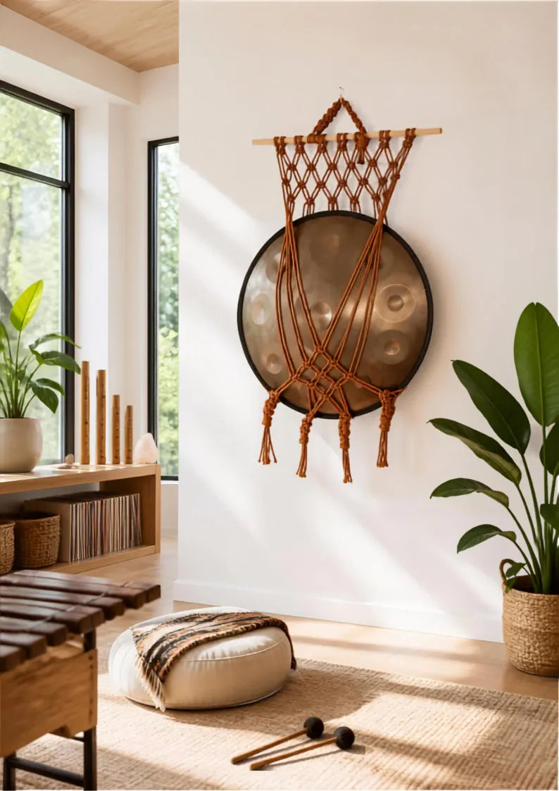 Copper macrame handpan wall mount holding a handpan