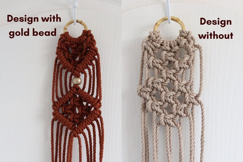 Two macrame wall hangings, one with a gold bead and one without, on a white background.