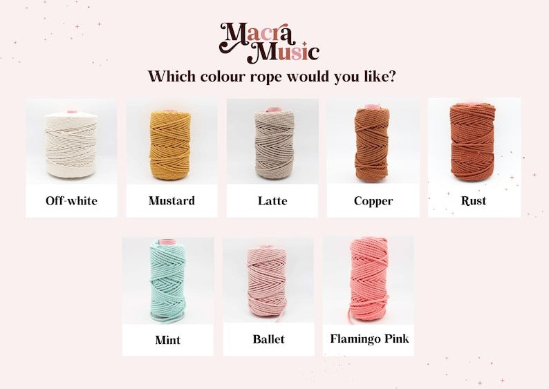 Color swatches of yarn with labels for 'Macra Music' brand on a light pink background.