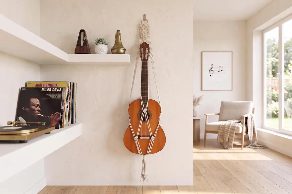 Off-white macrame guitar hanger with bamboo hoop holding an acoustic guitar on a wall