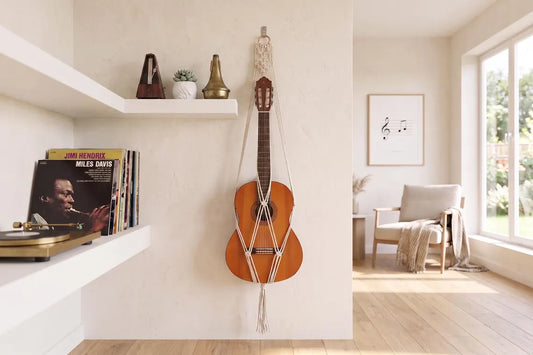 Off-white macrame guitar hanger with bamboo hoop holding an acoustic guitar on a wall